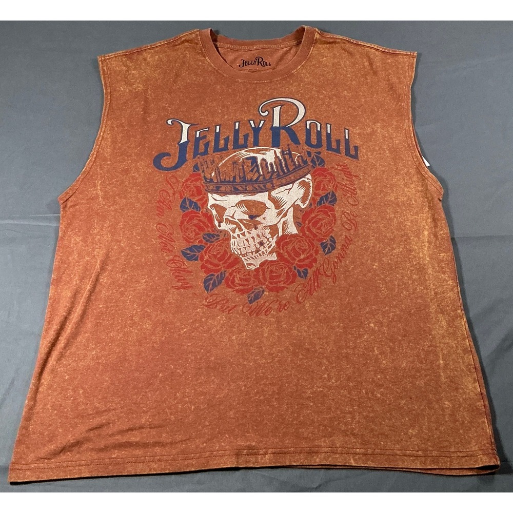 Jelly Roll Mens Heart of Stone Skull Roses Mineral Wash Muscle Tank Top Brown M